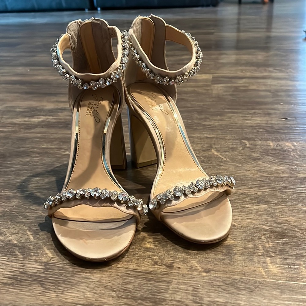 Embellished Nude Ankle-Strap High Heel Sandals